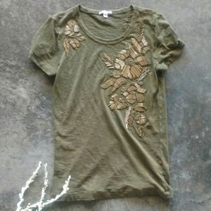 J. Crew Olive and Gold Army Green Embroidered Top